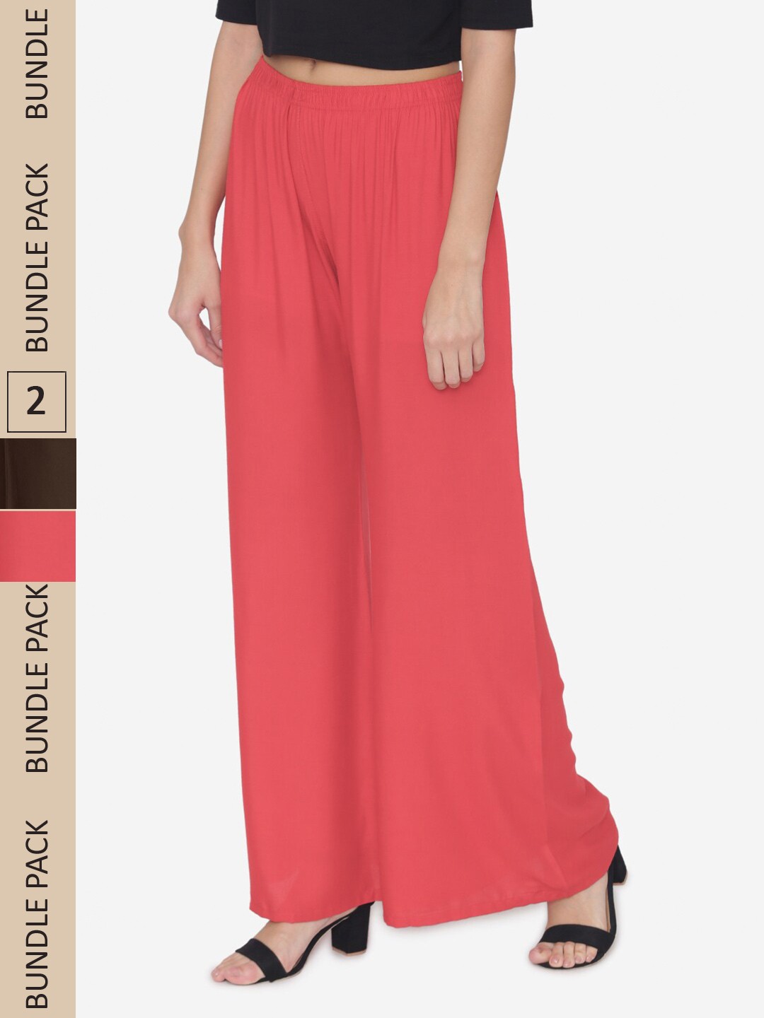 

N-Gal Women Pack Of 2 Wide Leg Knitted Ethnic Palazzos, Coral