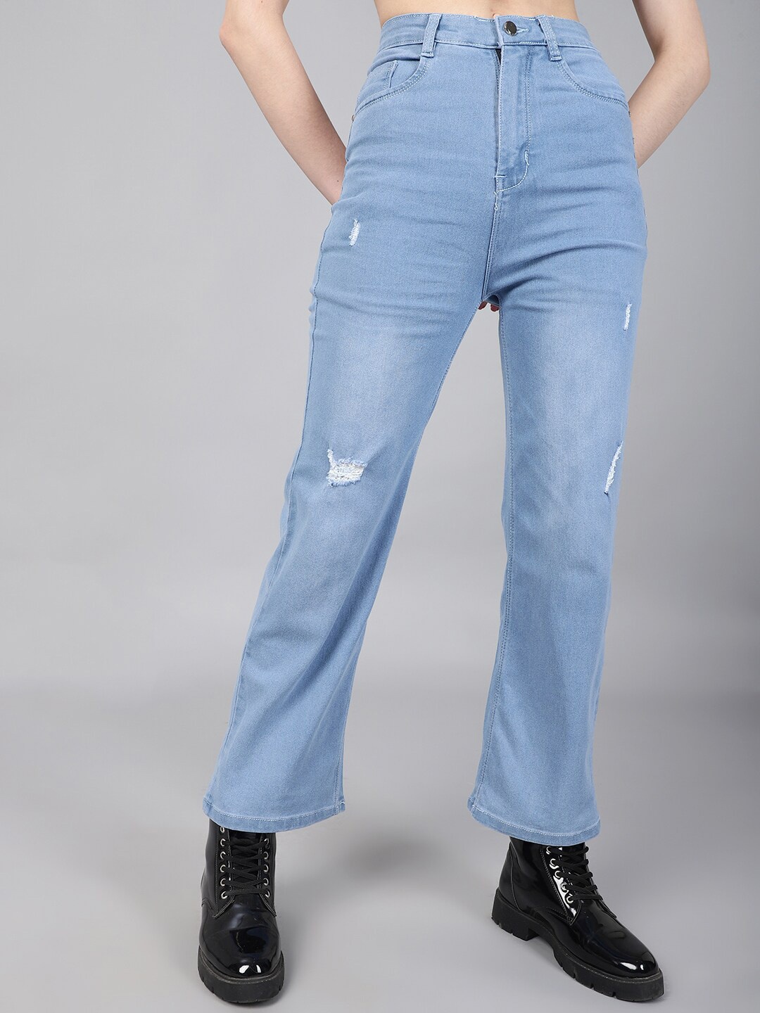 

Purple Feather Women Wide Leg High-Rise Mildly Distressed Stretchable Jeans, Blue