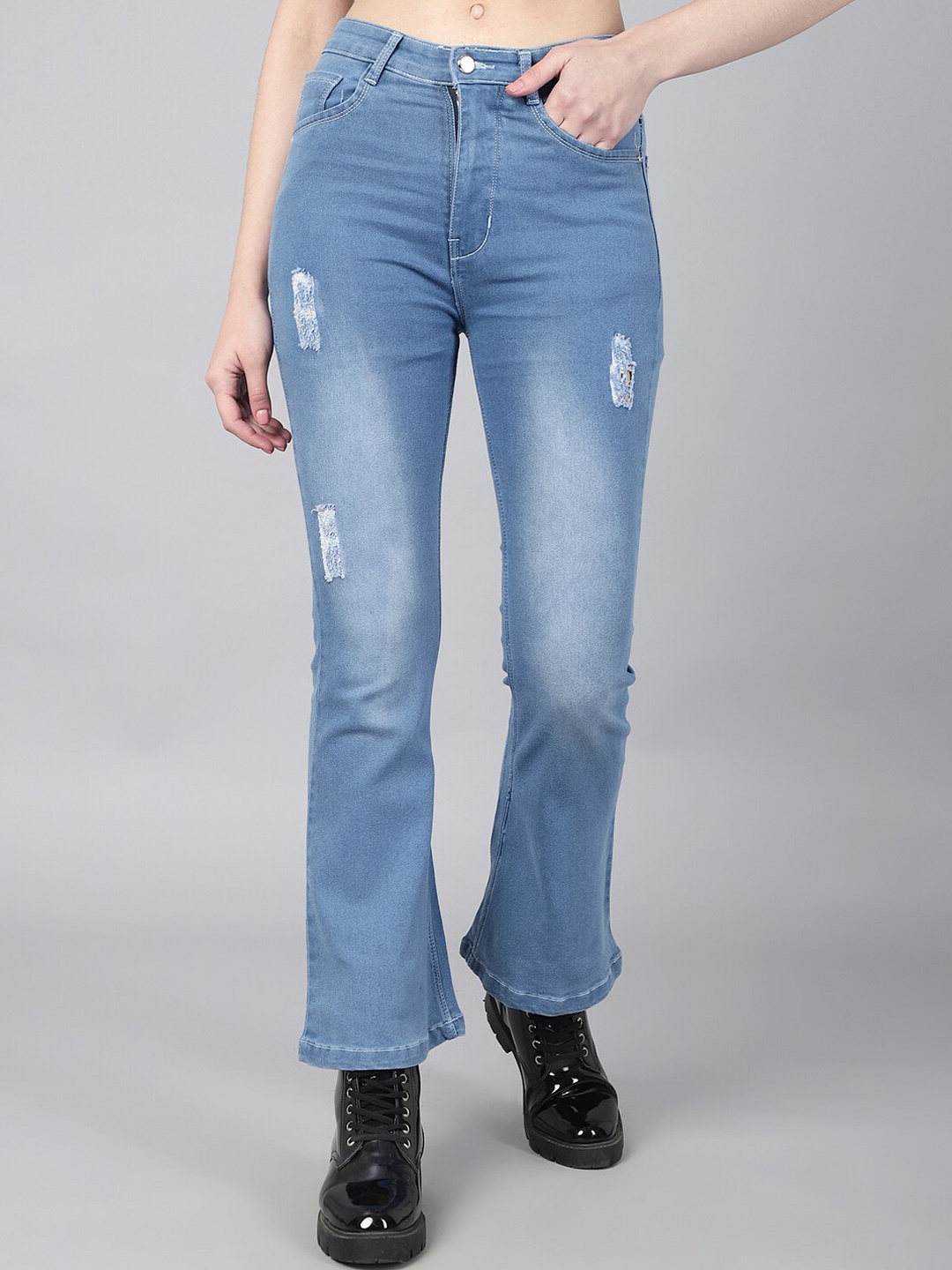 

Purple Feather Women Bootcut High-Rise Mildly Distressed Stretchable Jeans, Blue