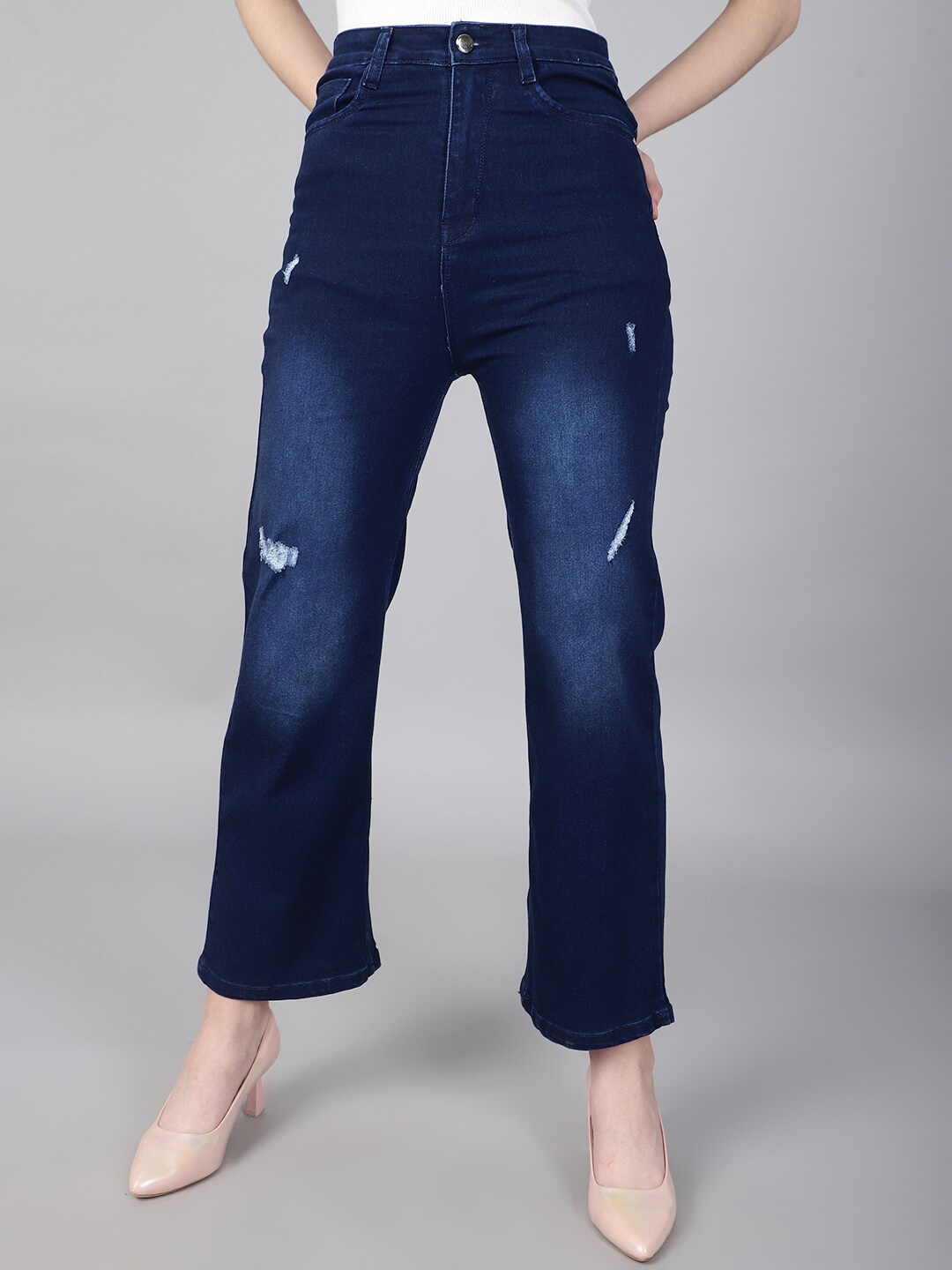 

Purple Feather Women Wide Leg High-Rise Low Distress Light Fade Stretchable Jeans, Navy blue