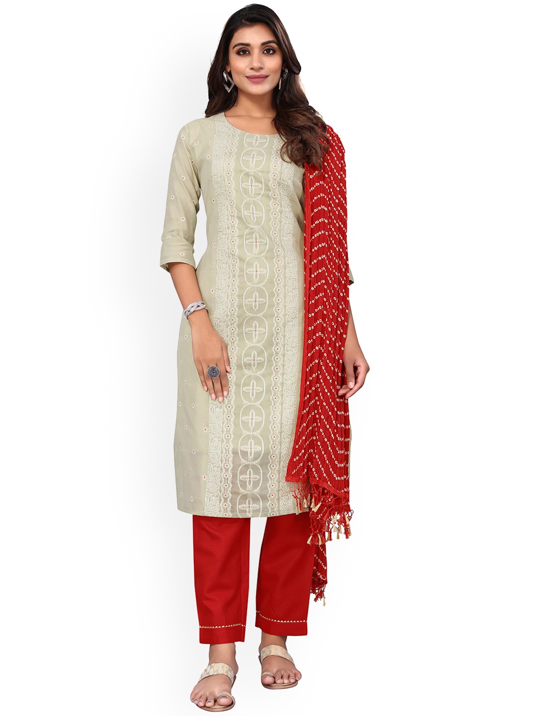 

Happy Design Women Bandhani Printed Pure Cotton Kurta &Trousers With Dupatta, Lime green