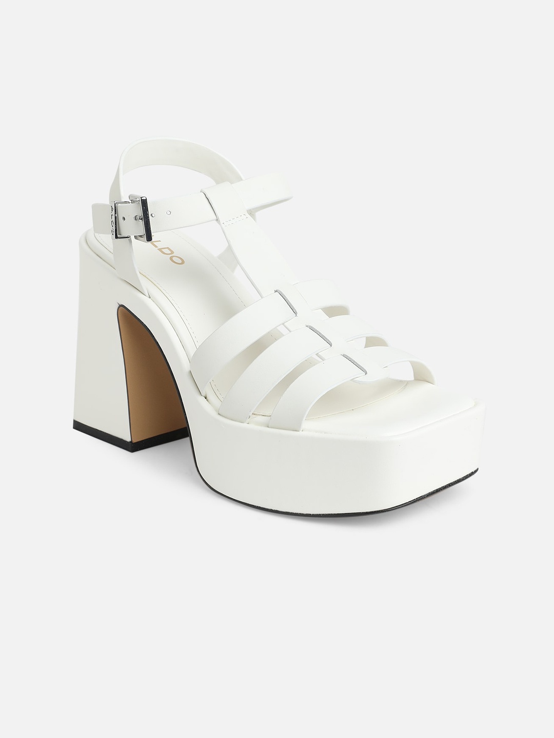 

ALDO Leather Block Sandals With Buckles Heels, White