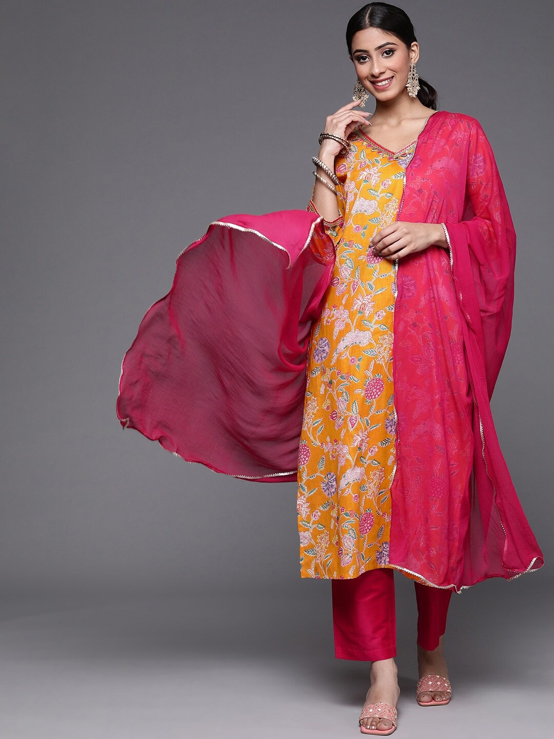 

Varanga Floral Printed Pure Cotton Kurta with Trousers & Dupatta, Mustard