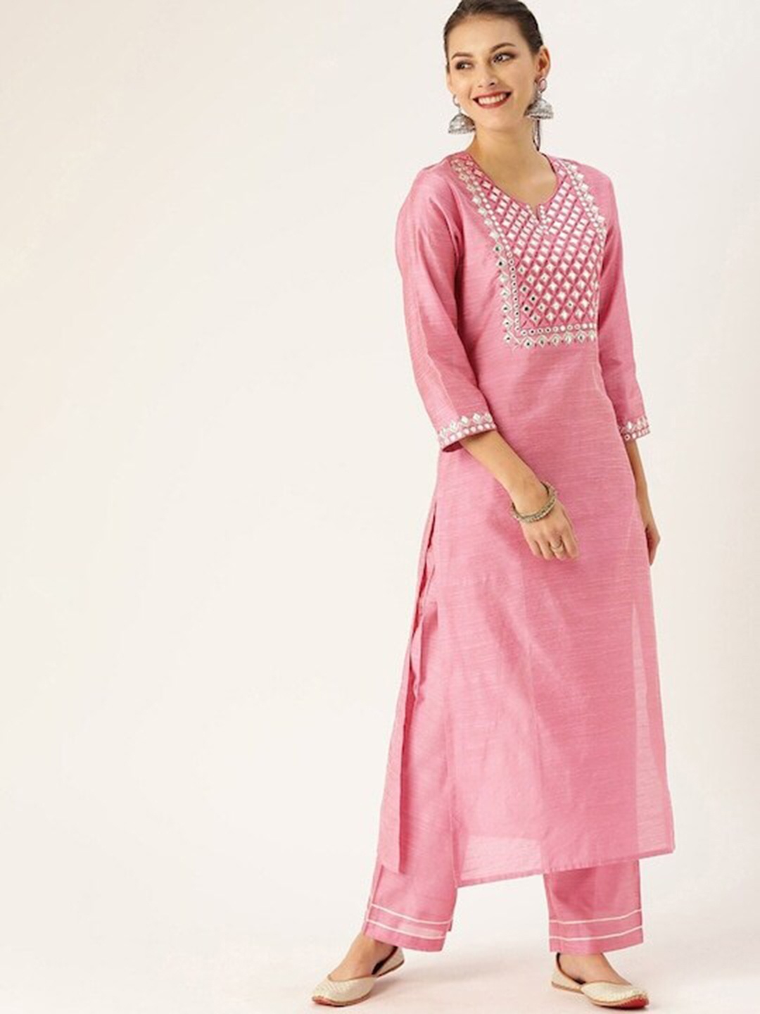 

Varanga Yoke Design Mirror Work Kurta with Trousers, Pink