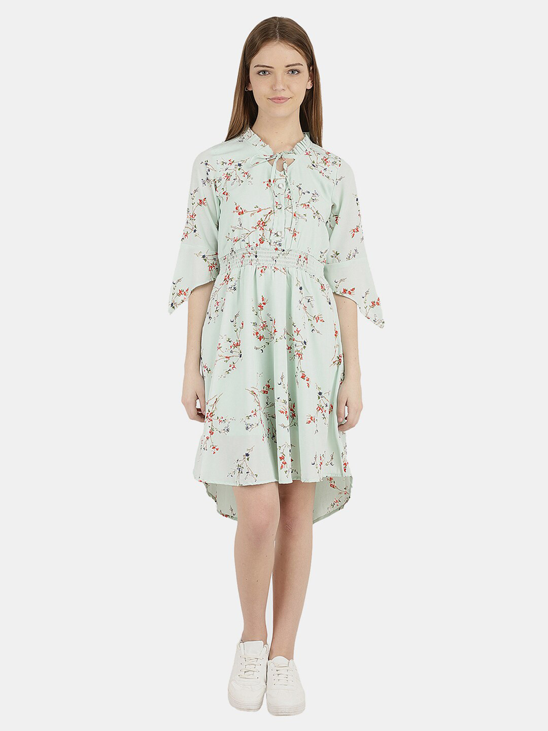 

V-Mart Floral Printed Tie-Up Neck A-Line Dress, Green