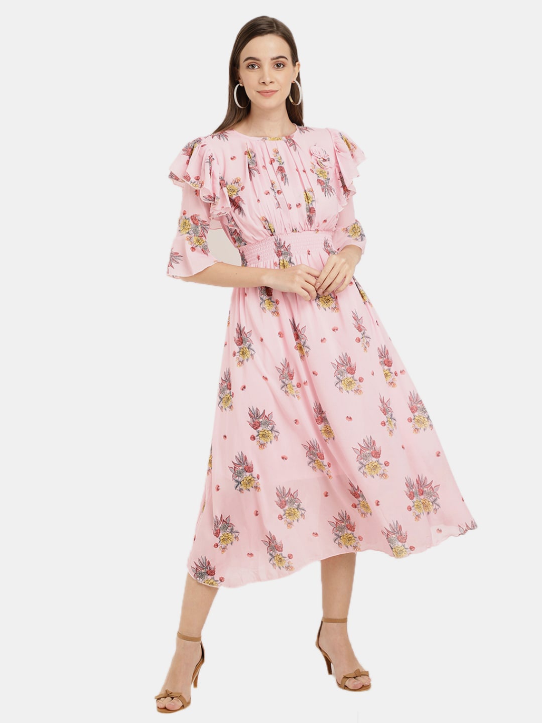 

V-Mart Floral Printed A-Line Midi Dress, Pink