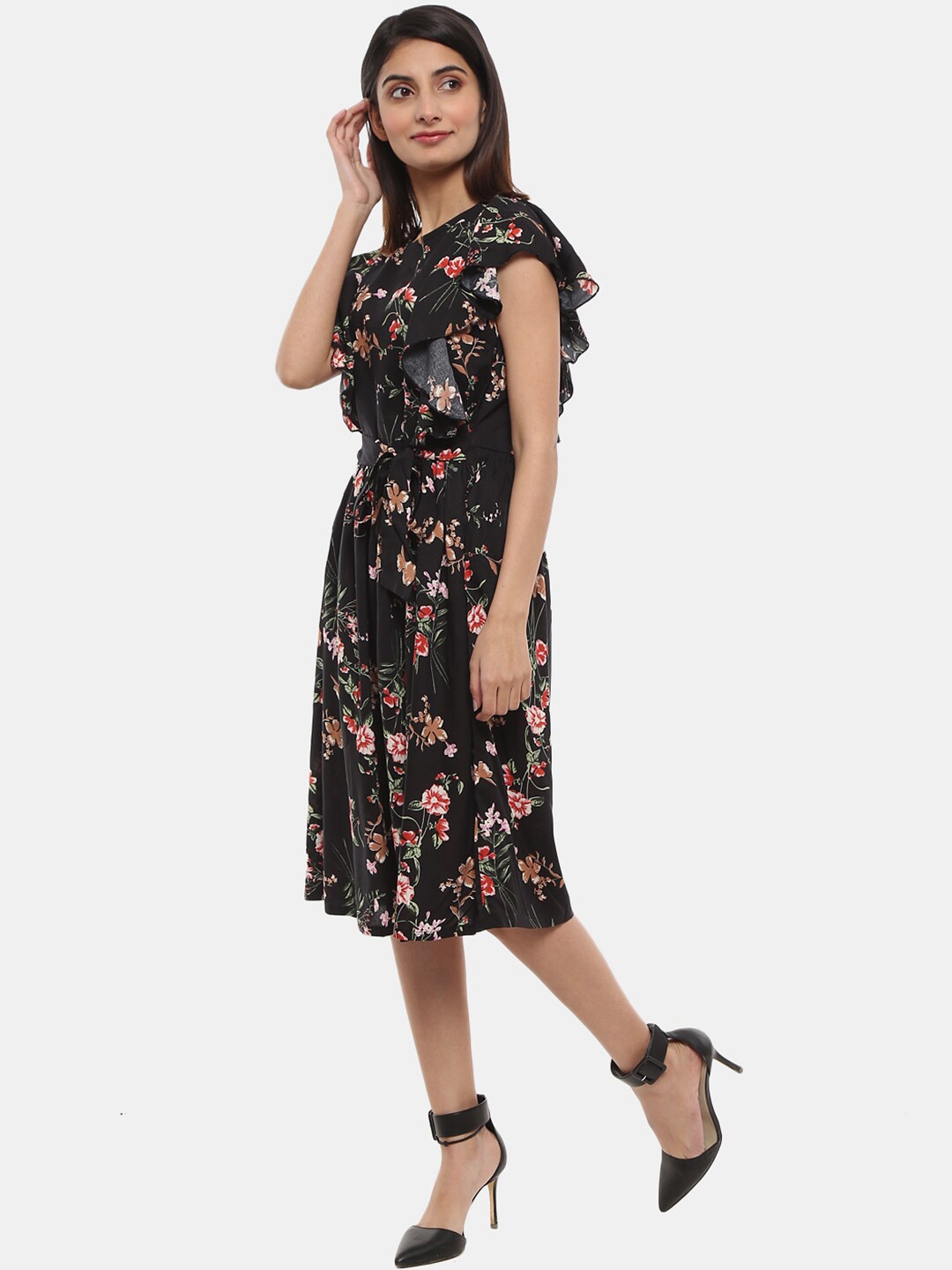 

V-Mart Floral Satin Dress, Black