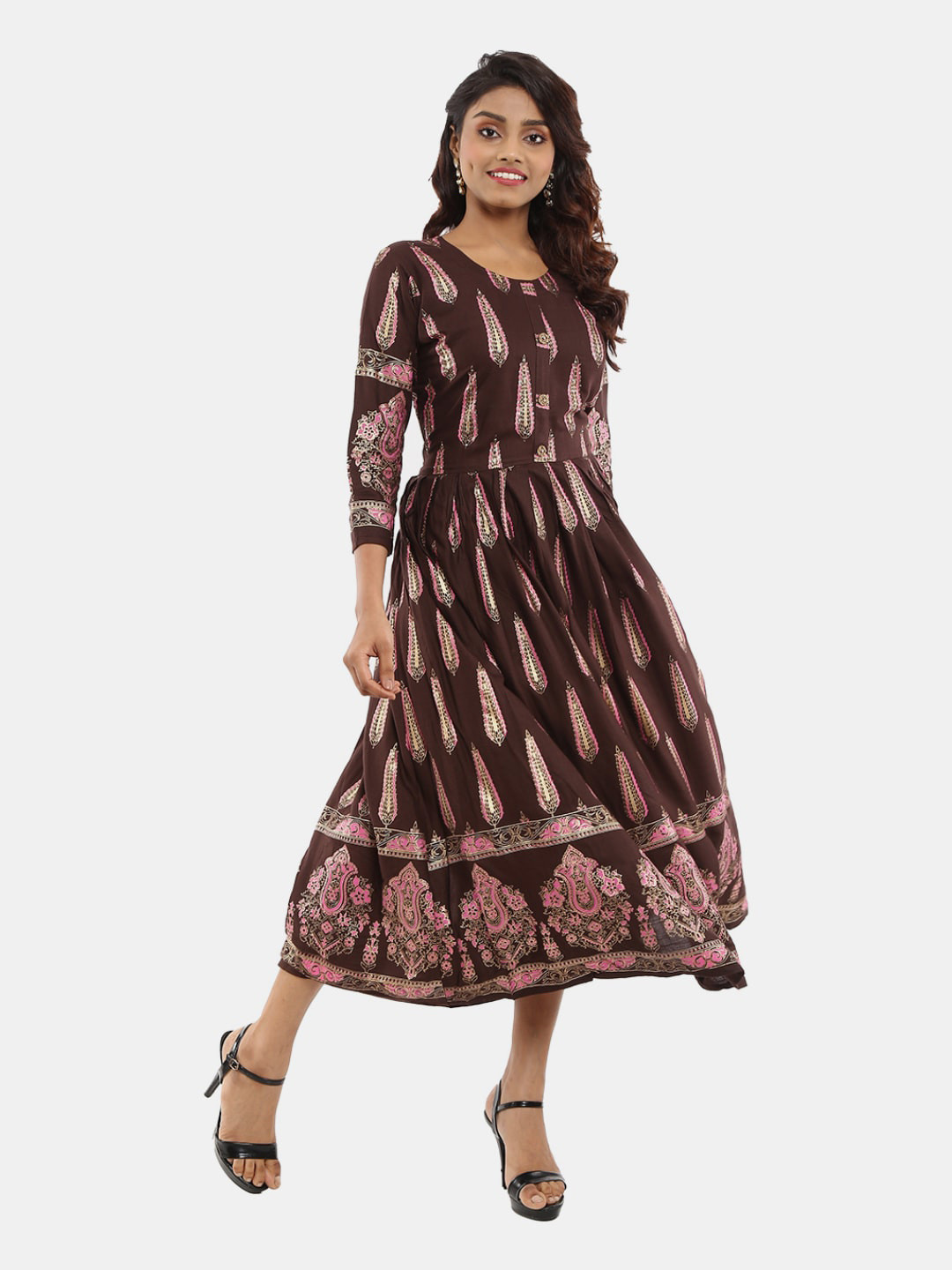 

V-Mart Ethnic Motifs Satin Midi Dress, Brown