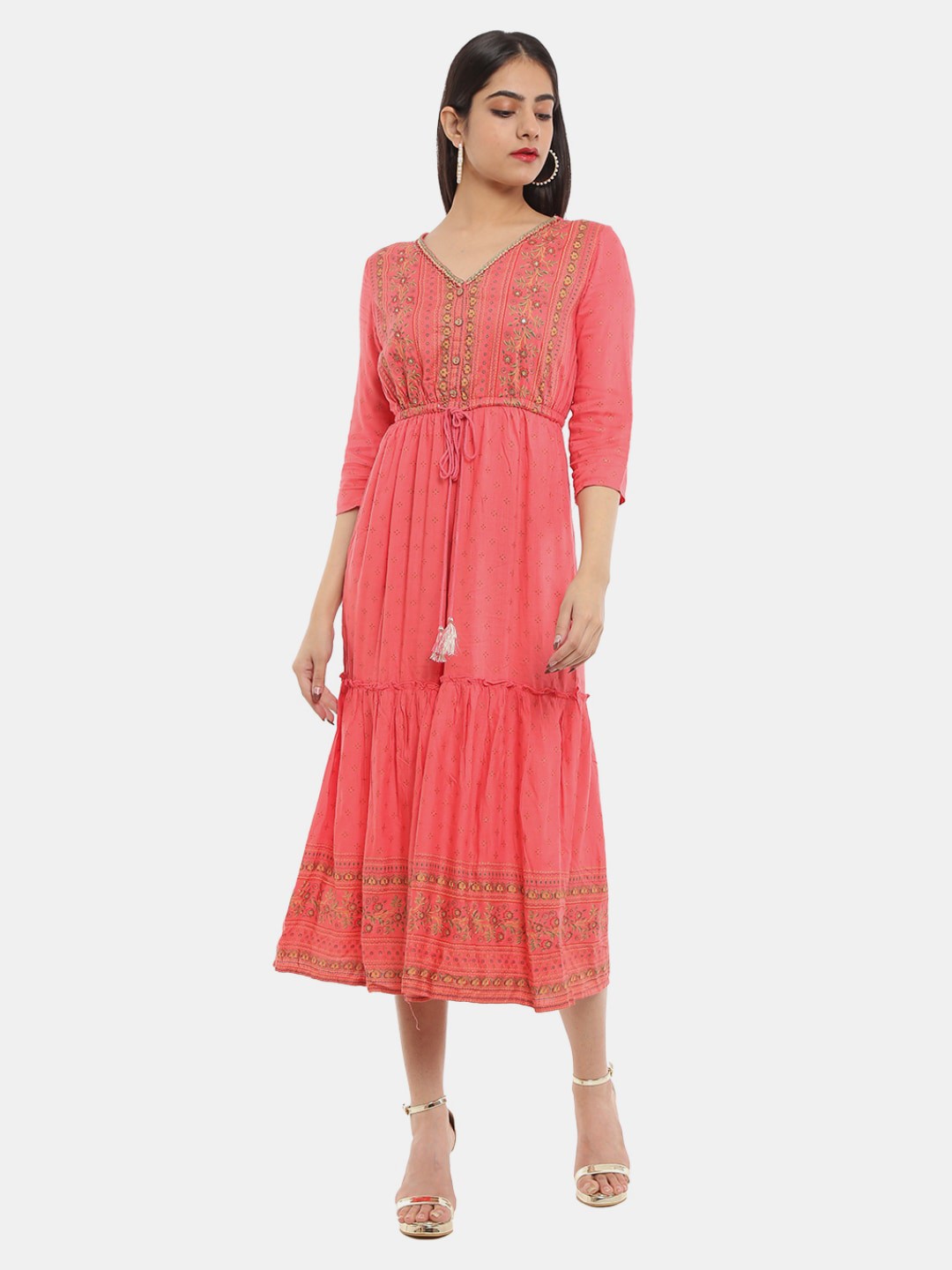 

V-Mart Floral Satin Ethnic Midi Dress, Peach