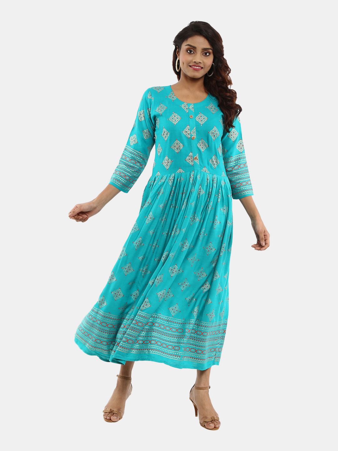 

V-Mart Ethnic Motifs Satin Ethnic Maxi Dress, Green