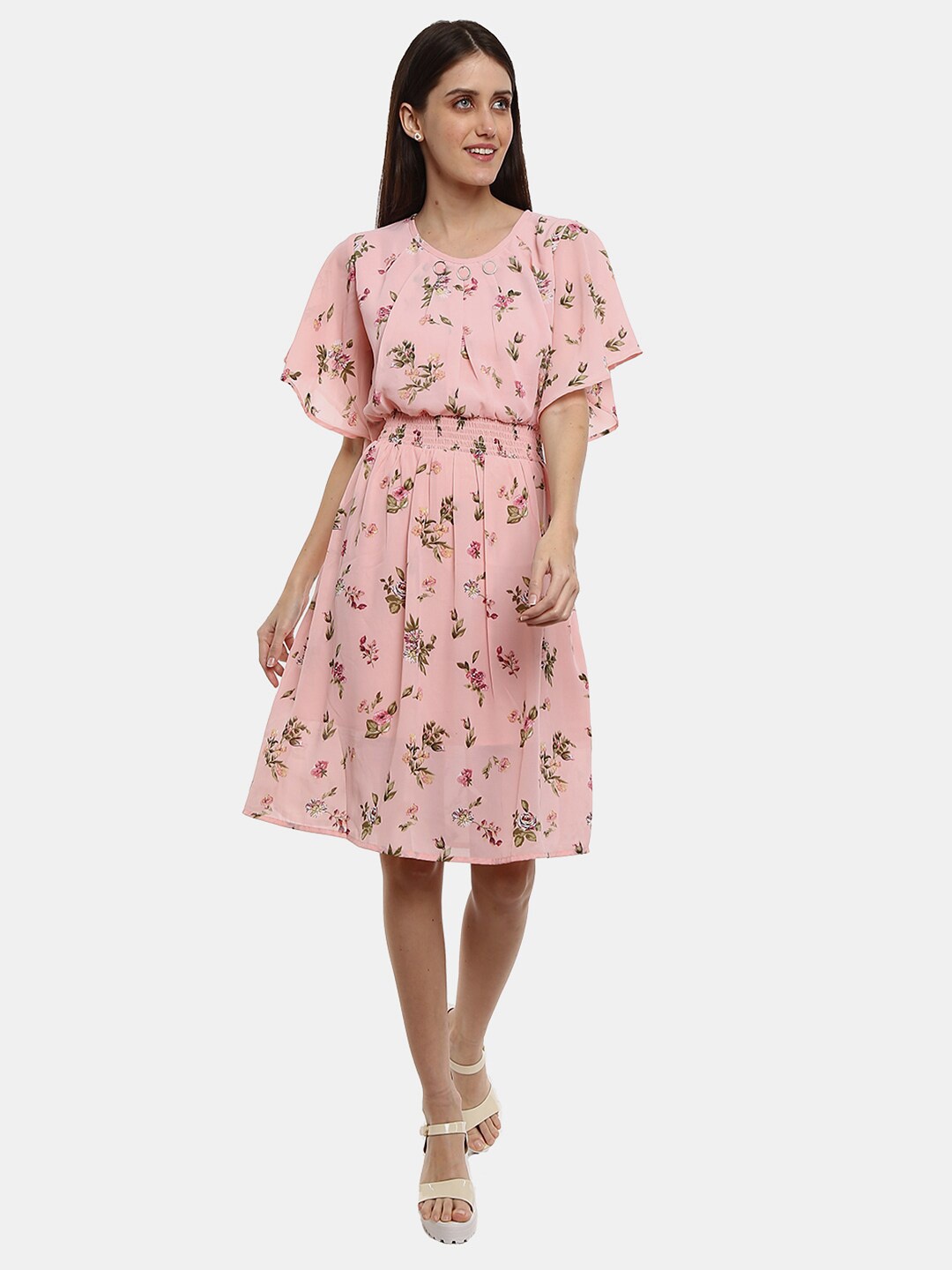 

V-Mart Floral Printed Fit And Flare Cotton Dress, Peach