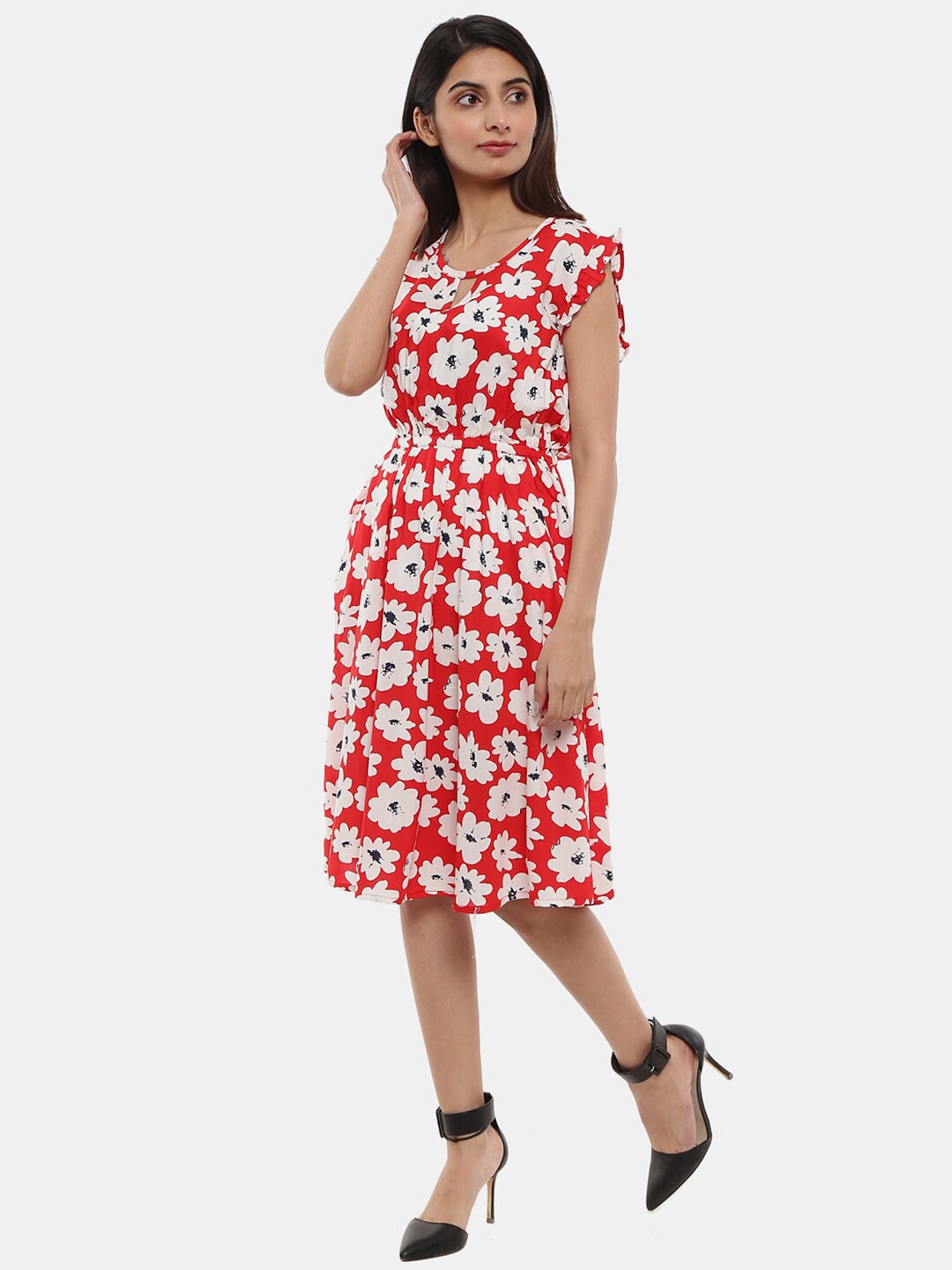 

V-Mart Floral Printed Key Hole Neck Dress, Red