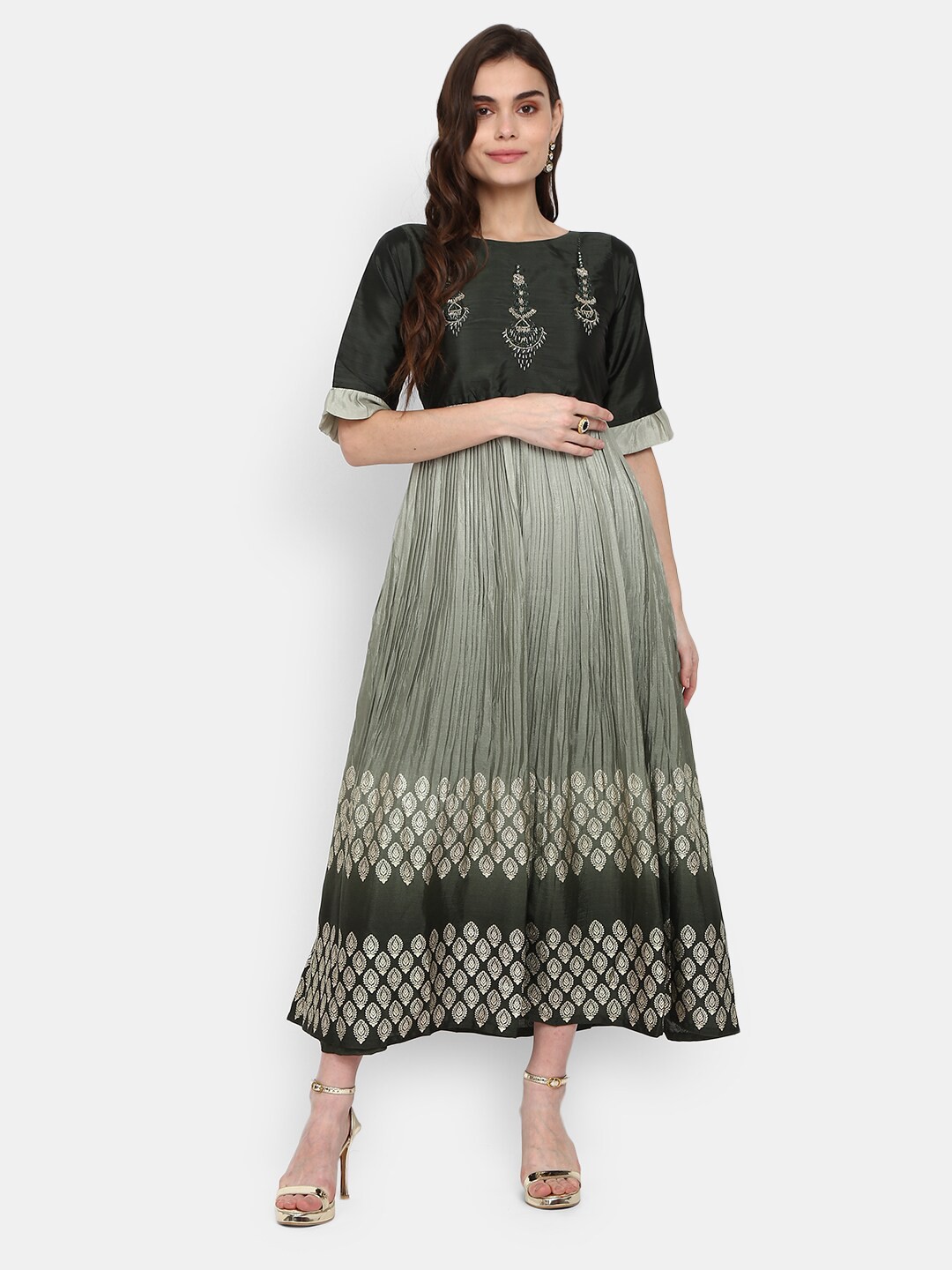 

V-Mart Ethnic Motifs Printed Cotton Maxi Dress, Green