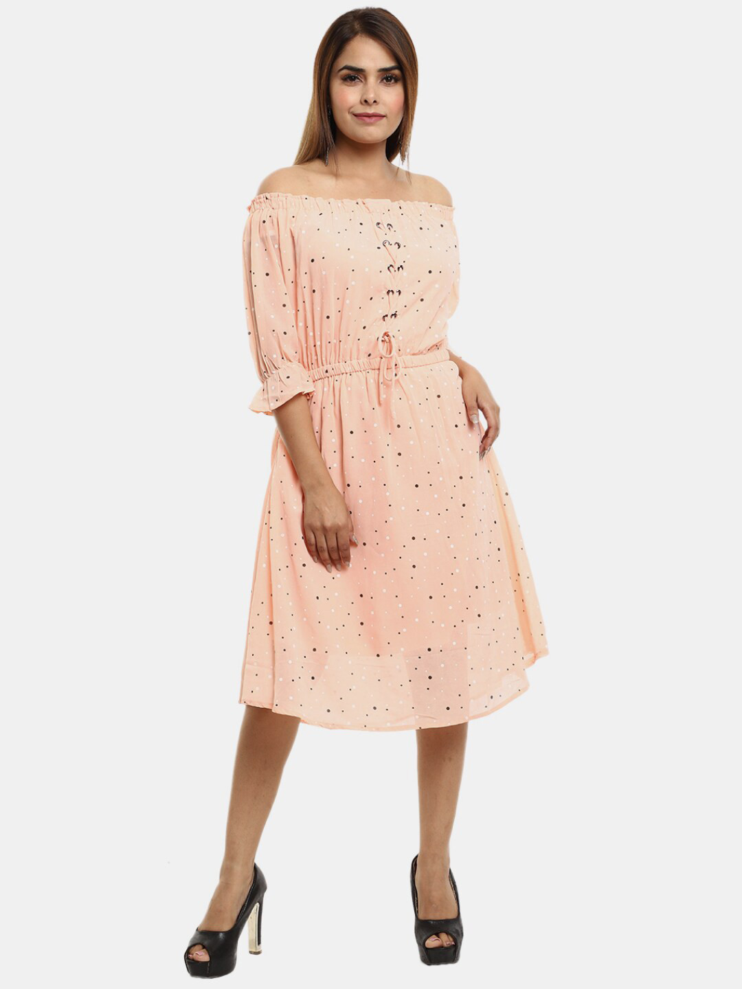 

V-Mart Printed Off-Shoulder Cotton Midi Dress, Peach