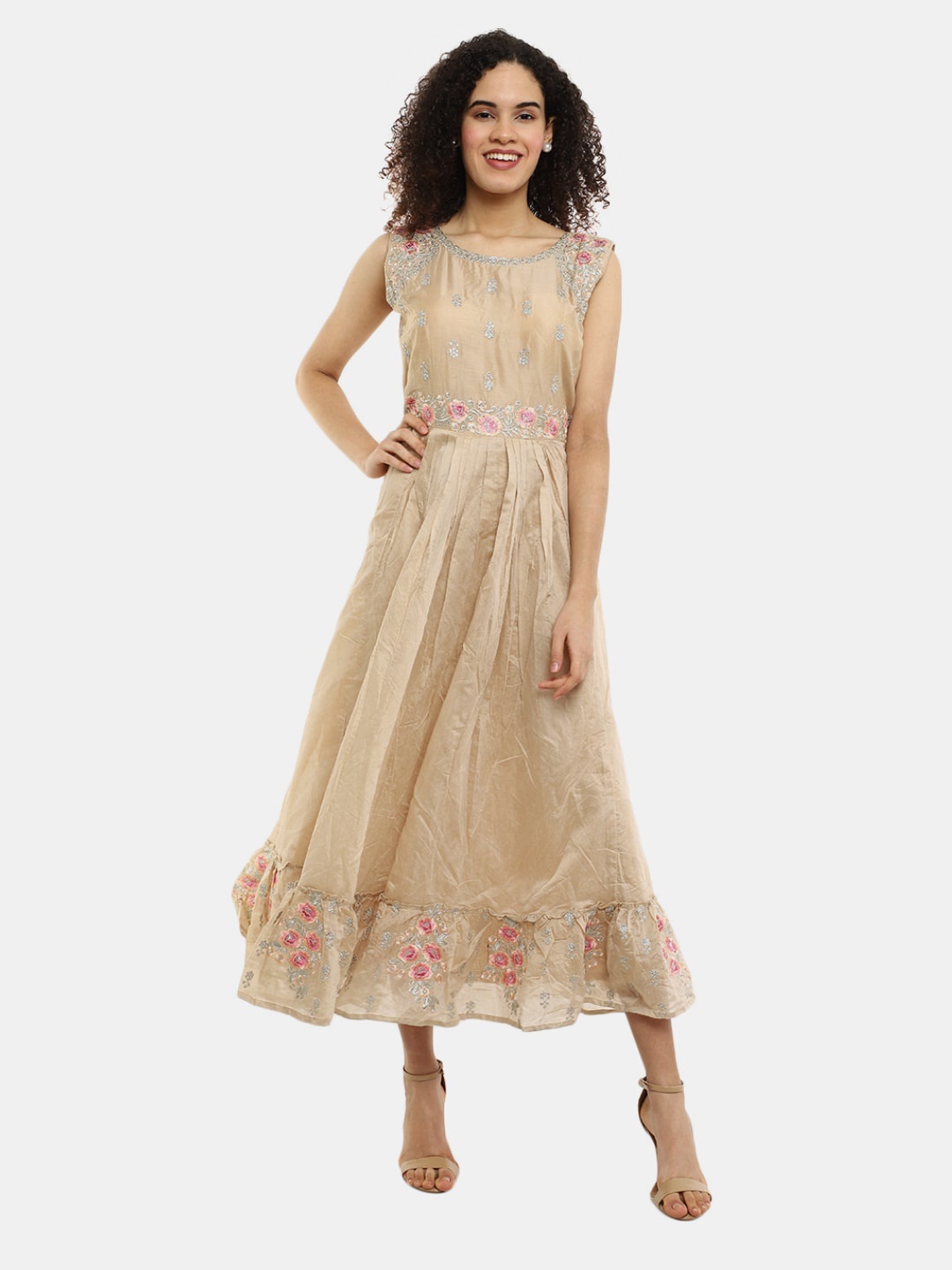 

V-Mart Floral Embroidered Ethnic Midi Dress, Beige