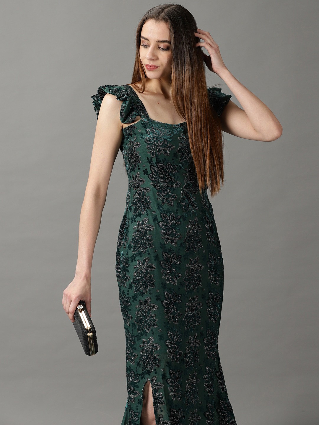 

SHOWOFF Floral Printed Square Neck Velvet Maxi Dress, Green