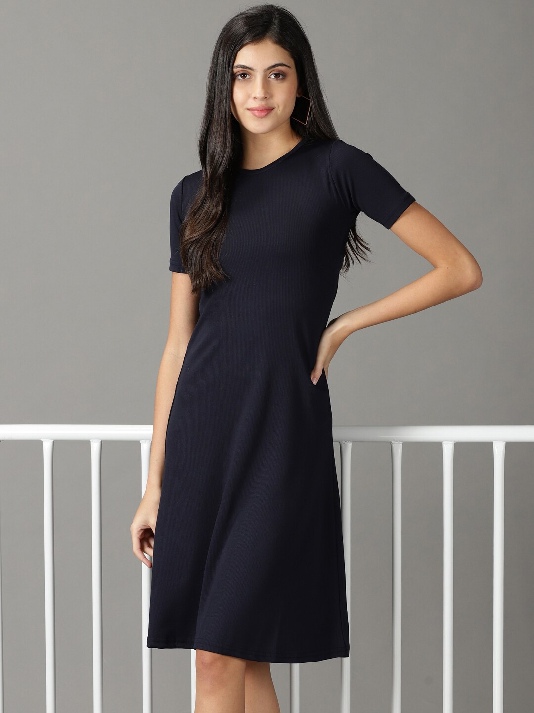 

SHOWOFF Round Neck A-Line Dress, Navy blue