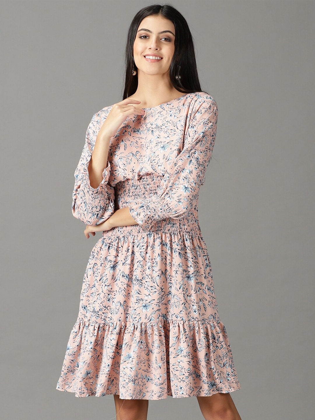 

SHOWOFF Floral Printed Smocked Detailed A-Line Dress, Peach