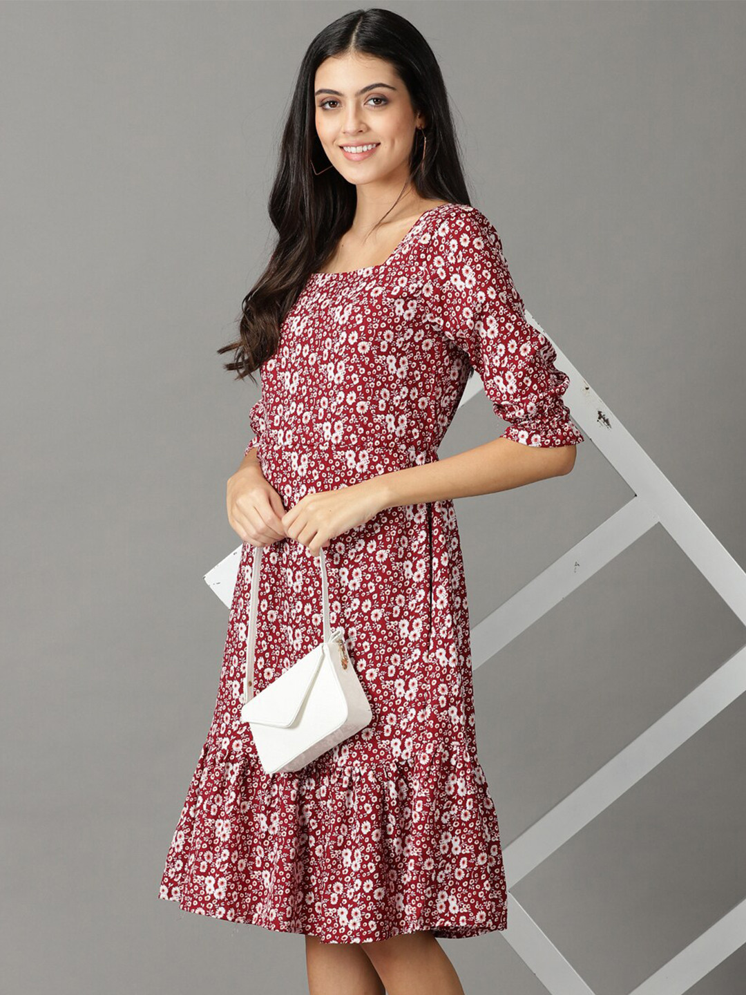 

SHOWOFF Ethnic Motifs Chiffon A-Line Midi Dress, Maroon