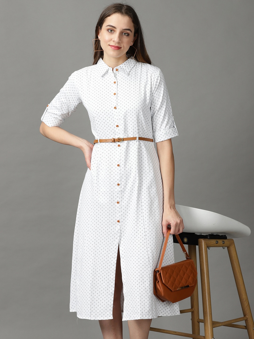 

SHOWOFF Belted Roll-Up Sleeves Cotton Shirt Midi Dress, White
