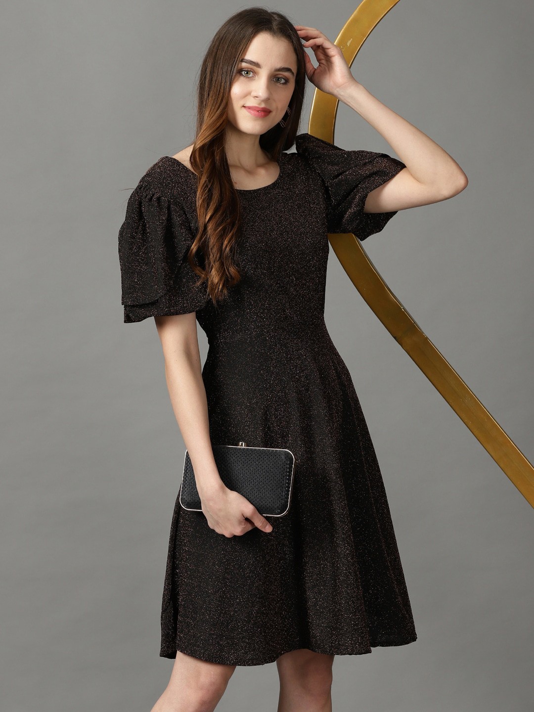 

SHOWOFF Self Design Round Neck Fit And Flare Dress, Bronze