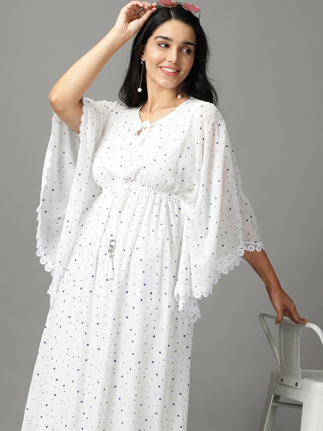 

SHOWOFF Round Neck Polka Dot Print Georgette Kaftan Midi Dress, White