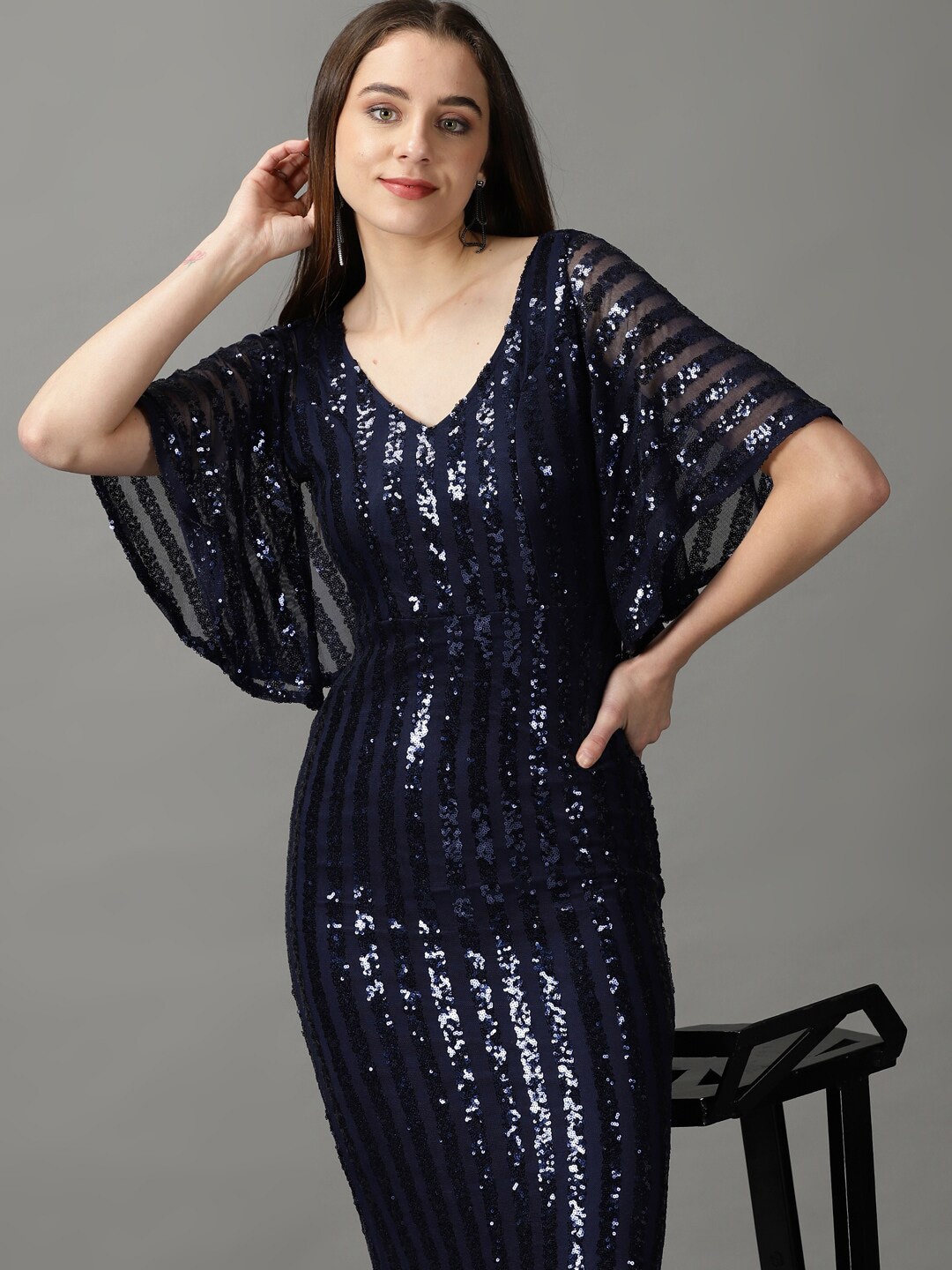 

SHOWOFF Embellished Net Sheath Midi Dress, Navy blue