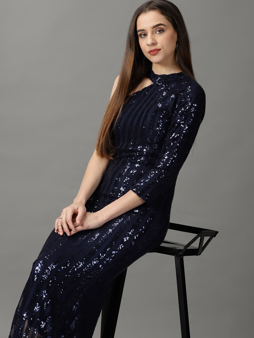 

SHOWOFF Embellished One Shoulder Sheath Maxi Dress, Navy blue