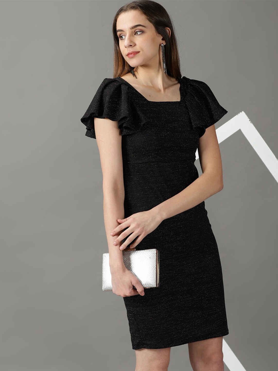 

SHOWOFF Embellished Square Neck Bodycon Dress, Black