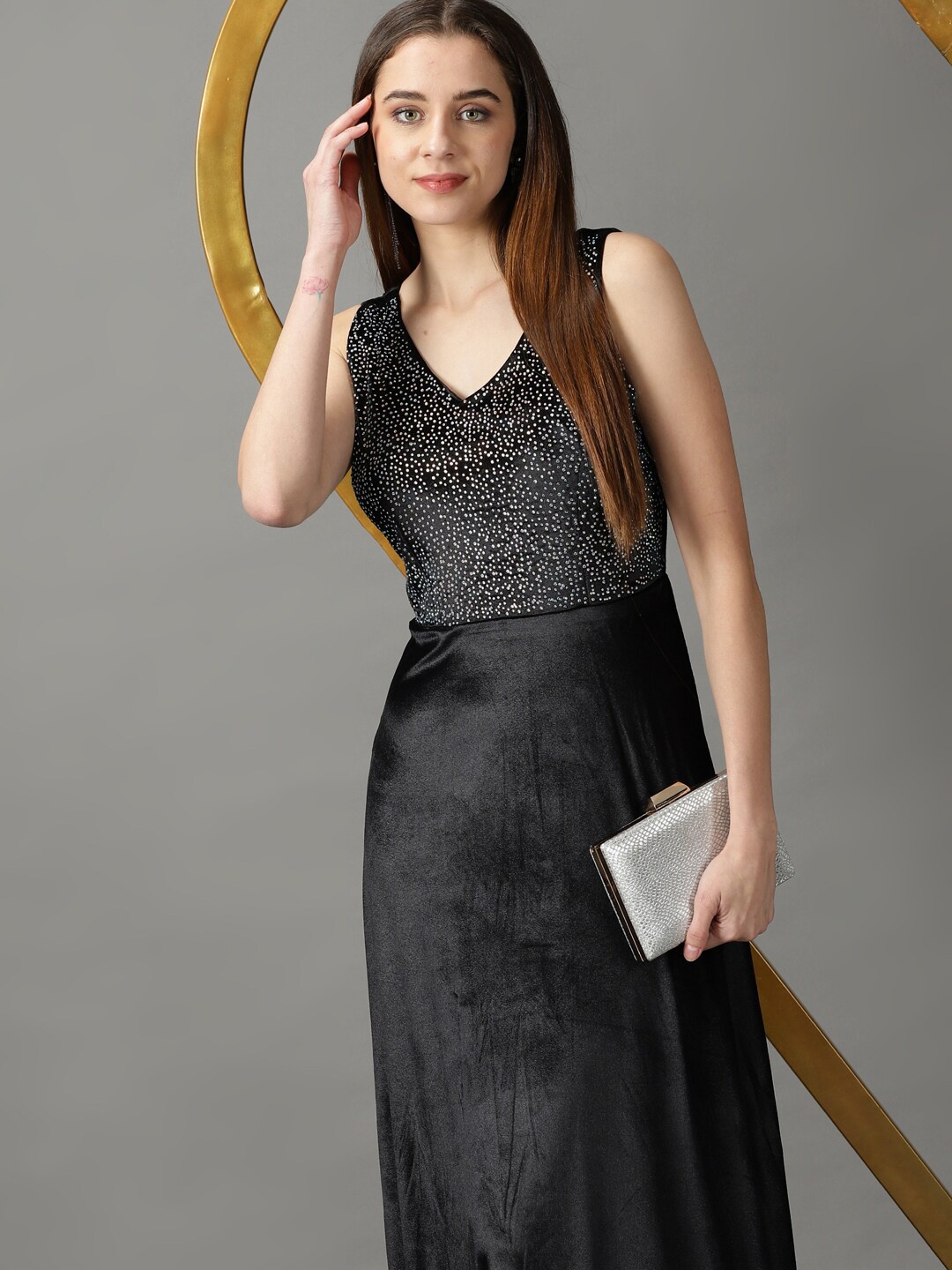 

SHOWOFF Embellished Velvet Maxi Dress, Black