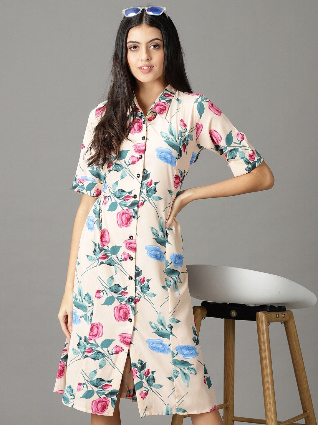 

SHOWOFF Shirt Collar Floral Dress, Peach