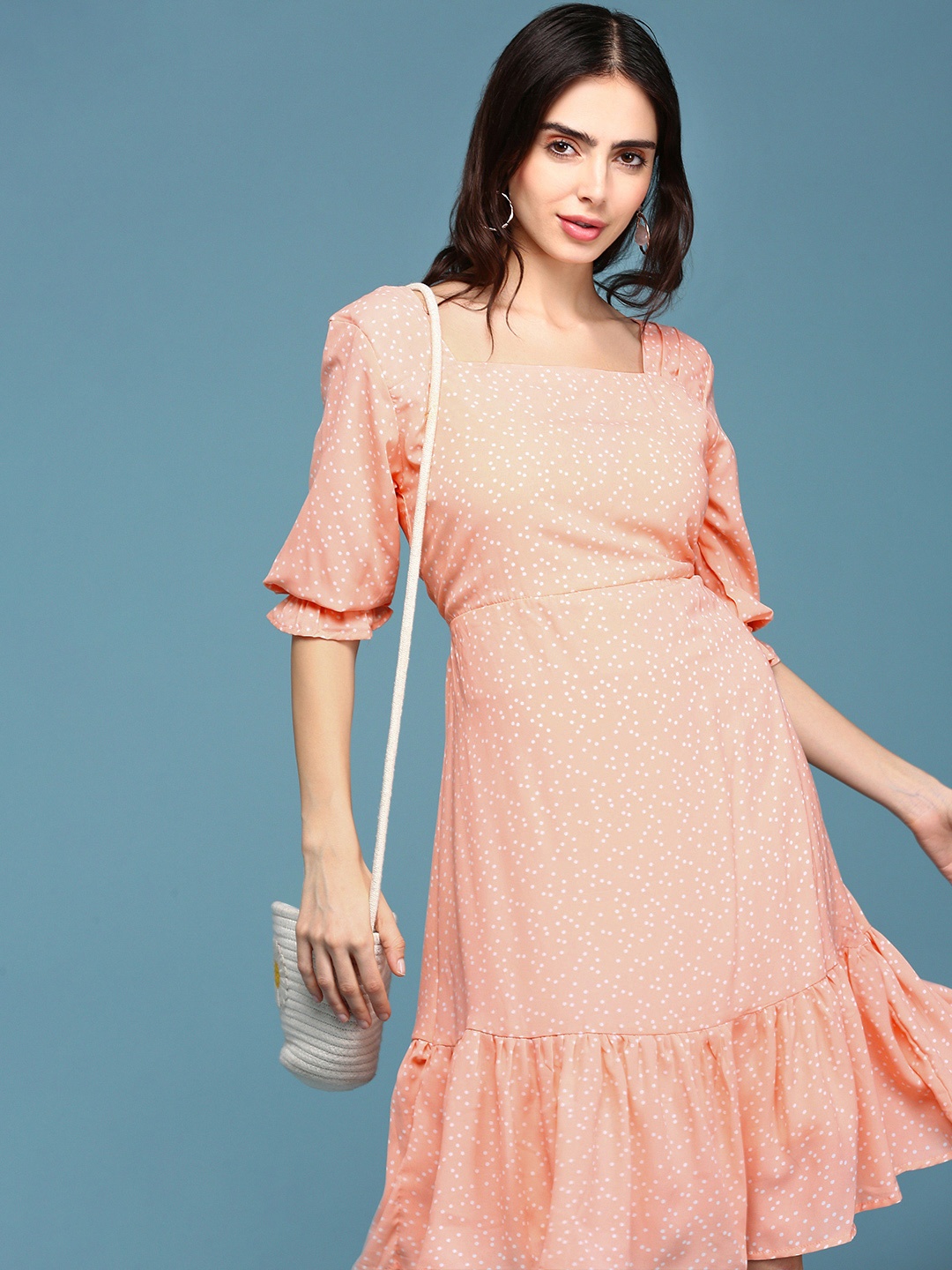 

SHOWOFF Polka Dots Printed Square Neck Fit & Flare Dress, Peach