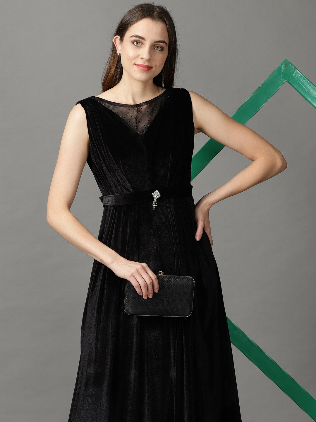 

SHOWOFF Boat Neck A-Line Midi Dress, Black