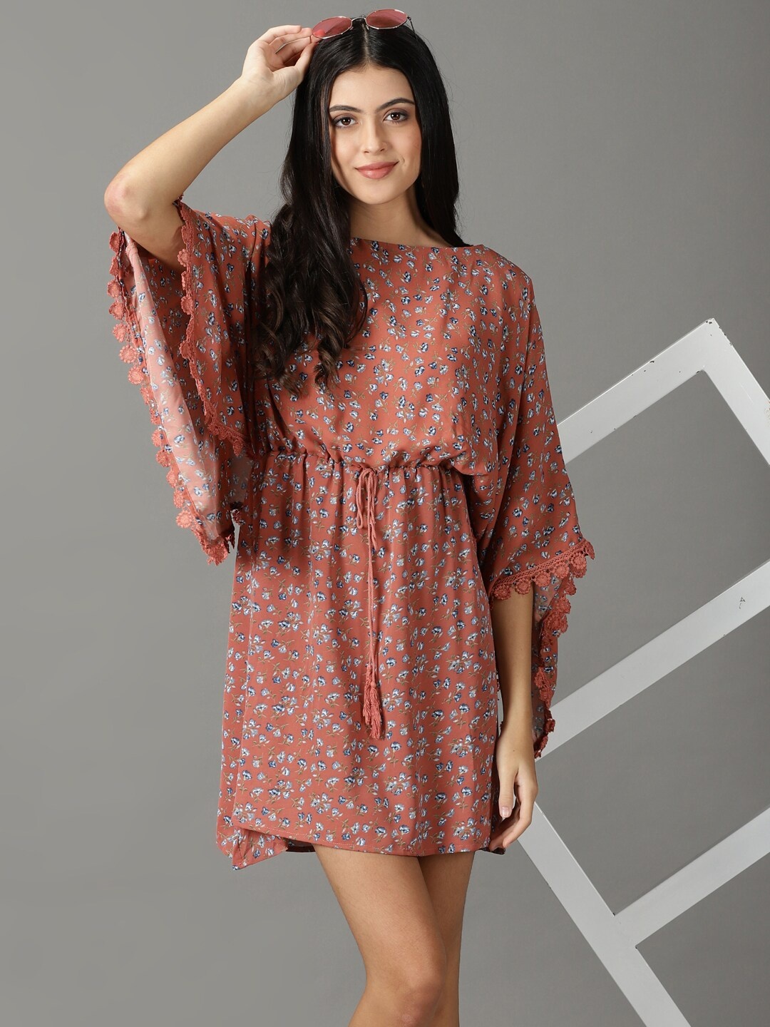 

SHOWOFF Floral Printed Boat Neck Kaftan Dress, Rust