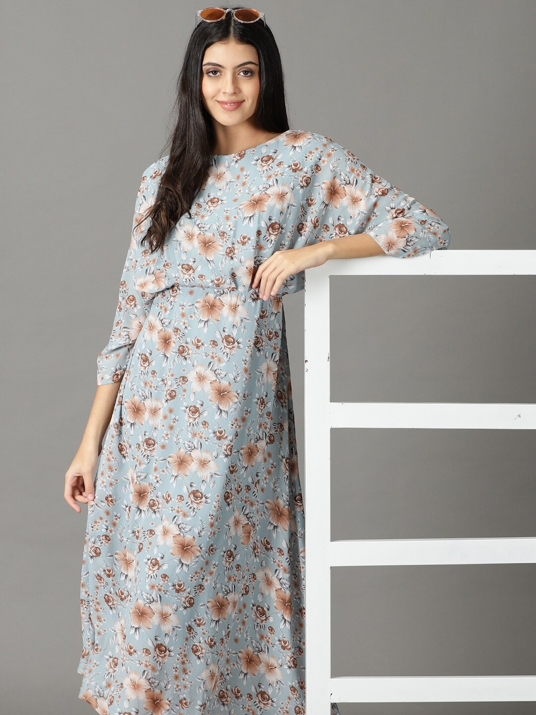 

SHOWOFF Floral Printed Boat Neck A-Line Maxi Dress, Blue