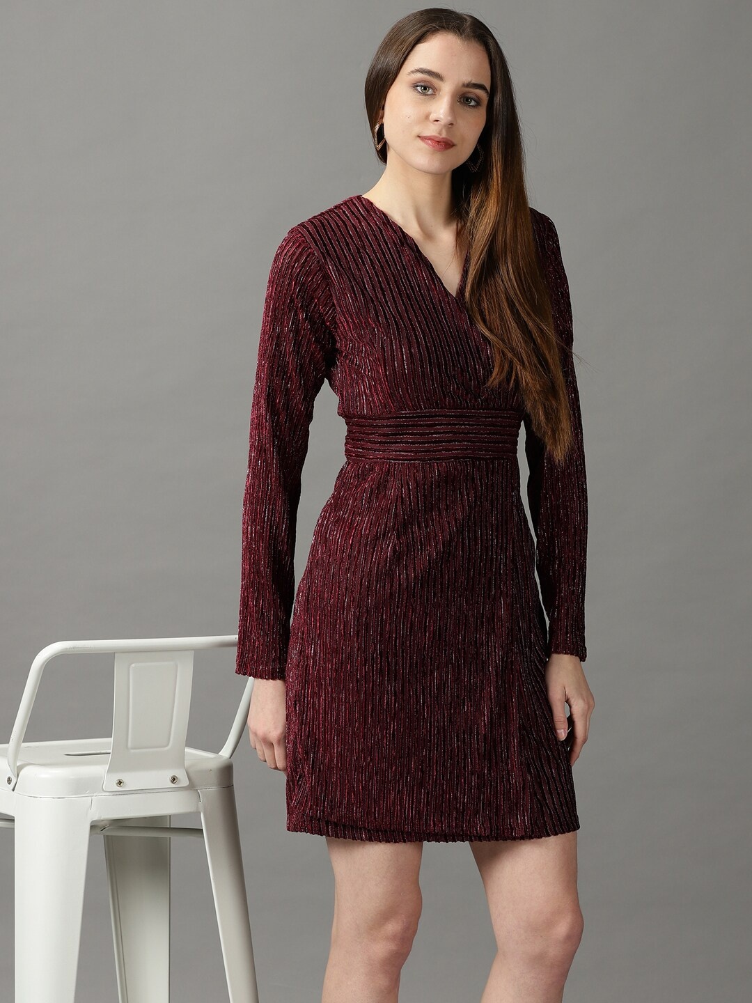 

SHOWOFF V-Neck Wrap Dress, Burgundy