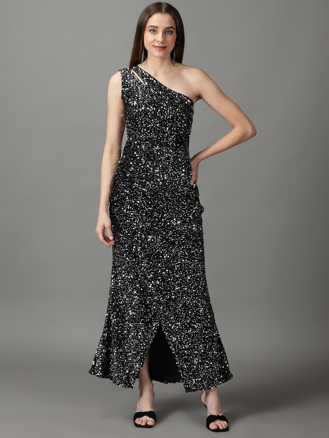 

SHOWOFF Embellished One Shoulder Net Maxi Dress, Black