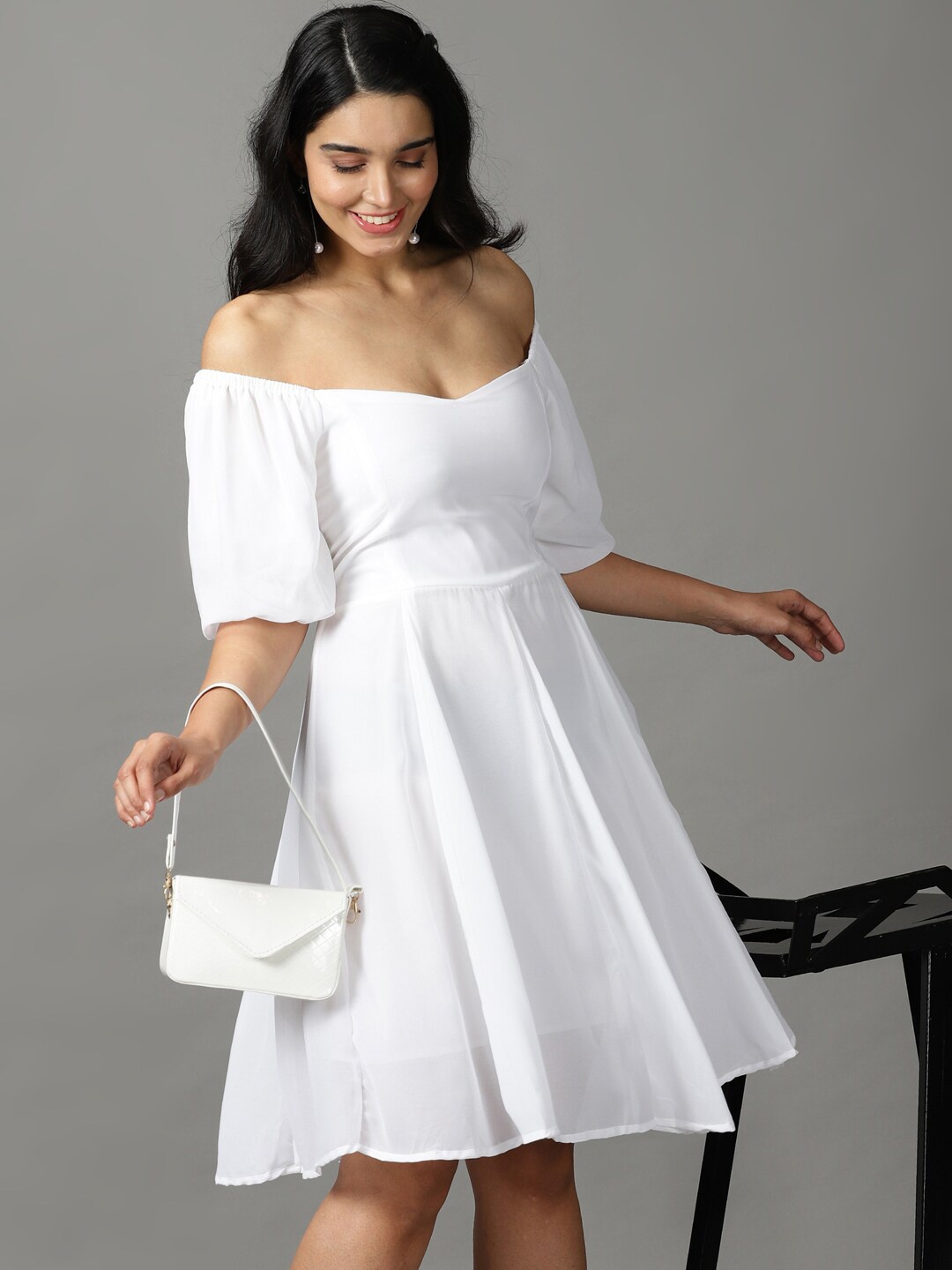 

SHOWOFF Fit & Flare Off-Shoulder Georgette Dress, White