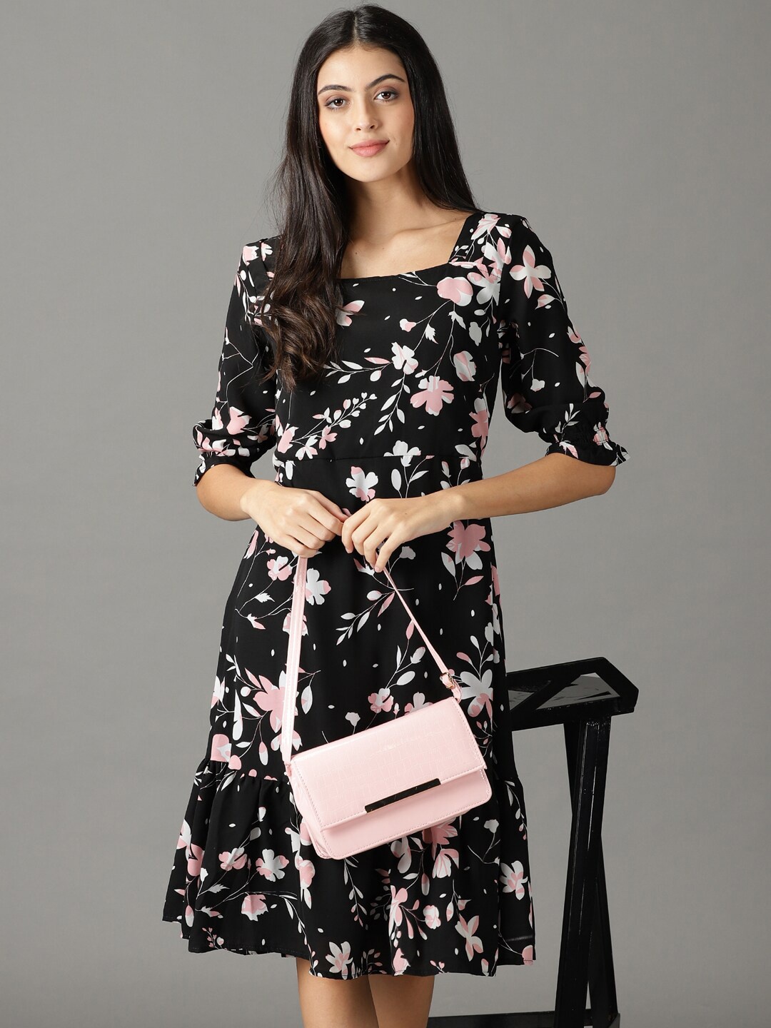 

SHOWOFF Floral Printed Square Neck A-Line Dress, Black