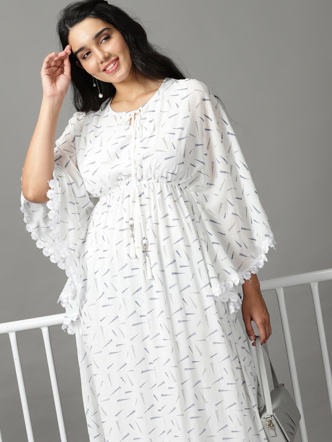

SHOWOFF Tie-Up Neck Georgette Kaftan Dress, White