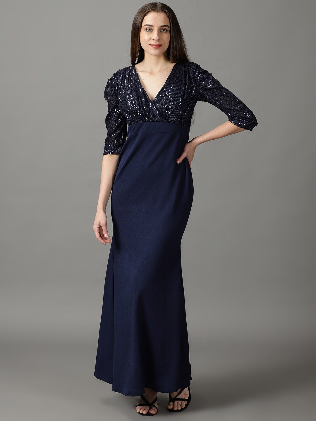 

SHOWOFF Self Design V-Neck Wrap Maxi Dress, Navy blue