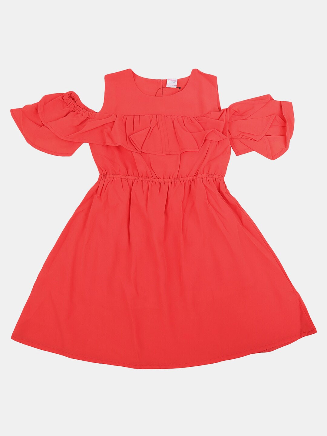 

V-Mart Girls Cold-Shoulder Sleeves Fit And Flare Cotton Dress, Red