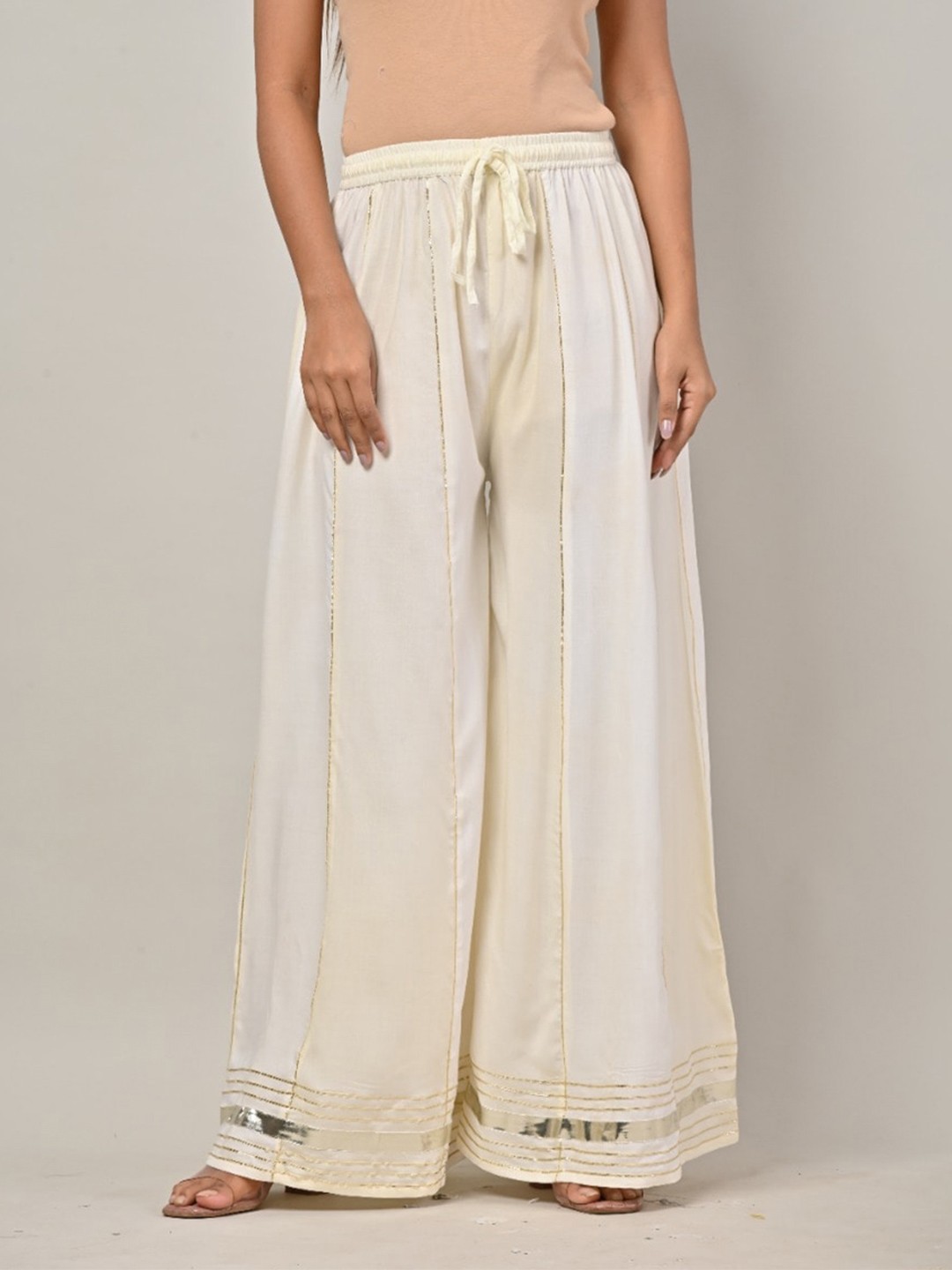 

Swasti Women Striped Flared Lace Palazzos, White