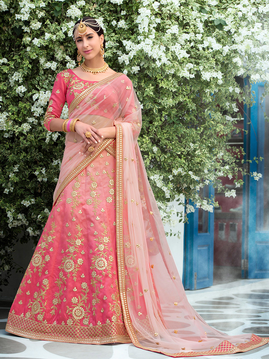 

SAPTRANGI Embroidered Semi-Stitched Lehenga & Unstitched Blouse With Dupatta Set, Pink