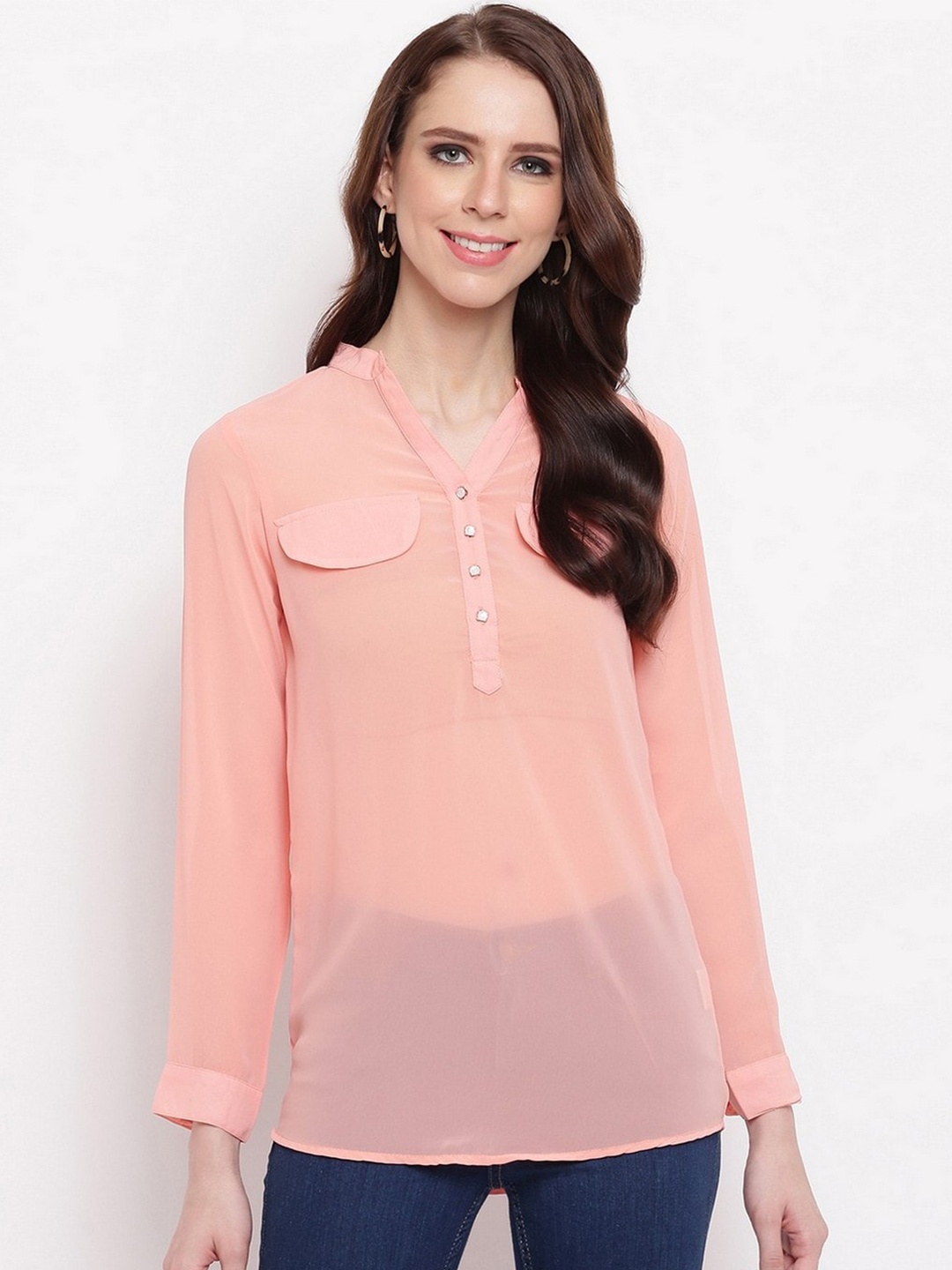 

RIVI Mandarin Collar Georgette Shirt Style Top, Peach