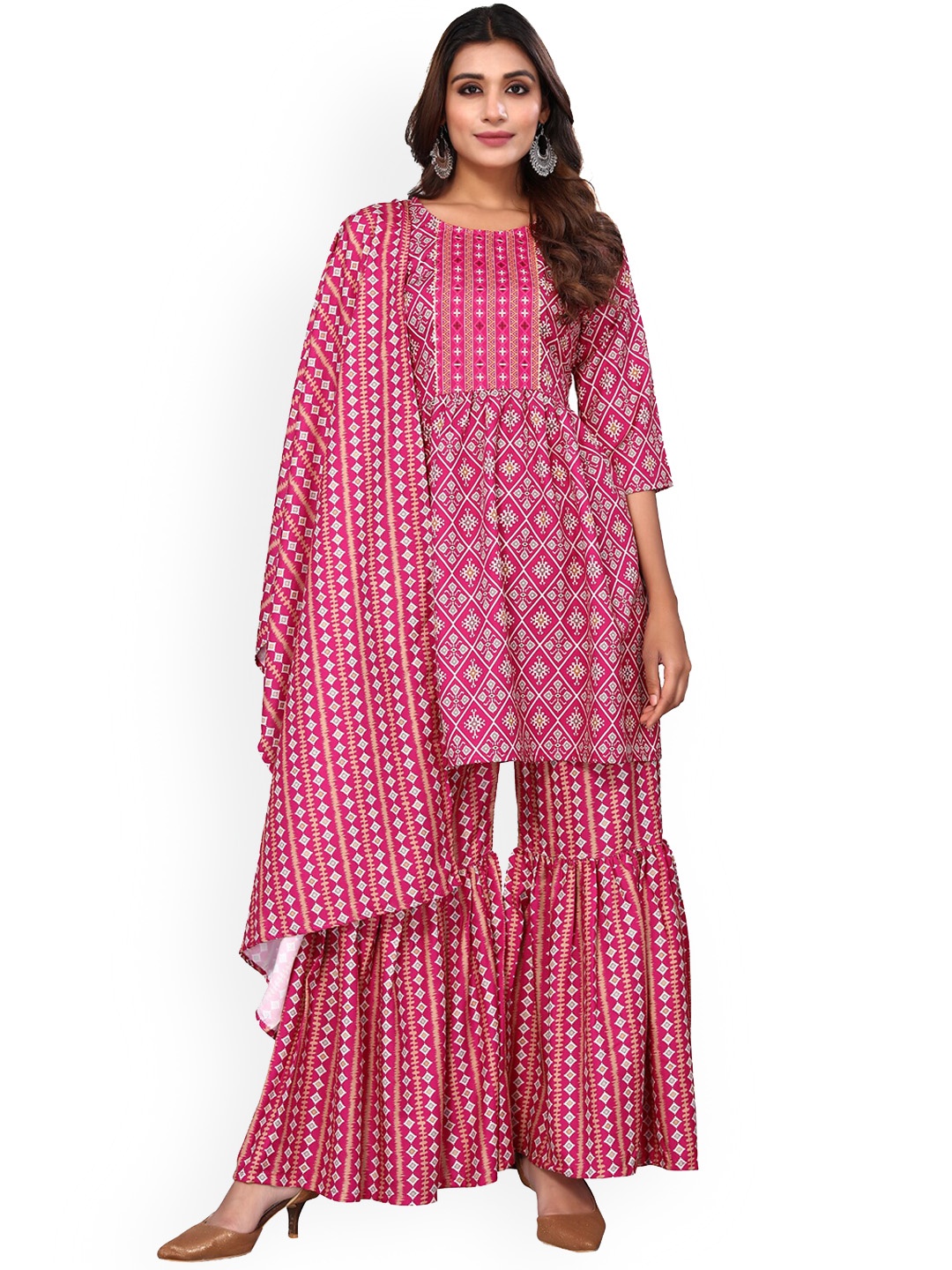 

Happy Design Ethnic Motifs Printed Empire Kurta with Sharara & Dupatta, Pink