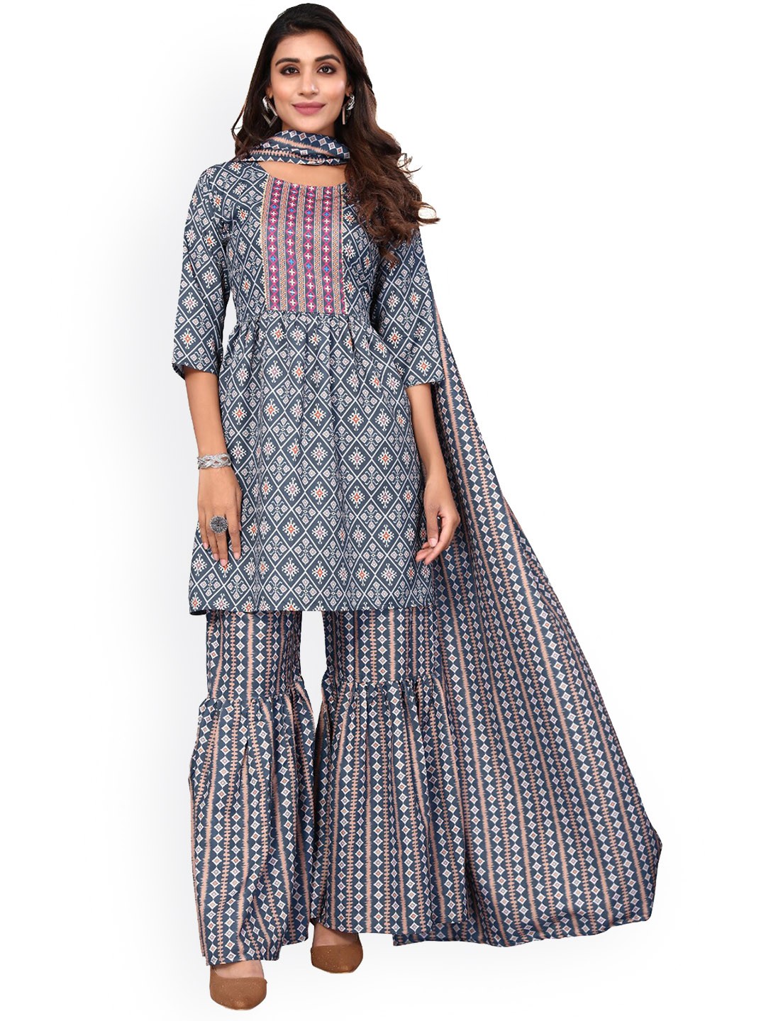 

Happy Design Ethnic Motifs Printed Kurta with Sharara & With Dupatta, Teal