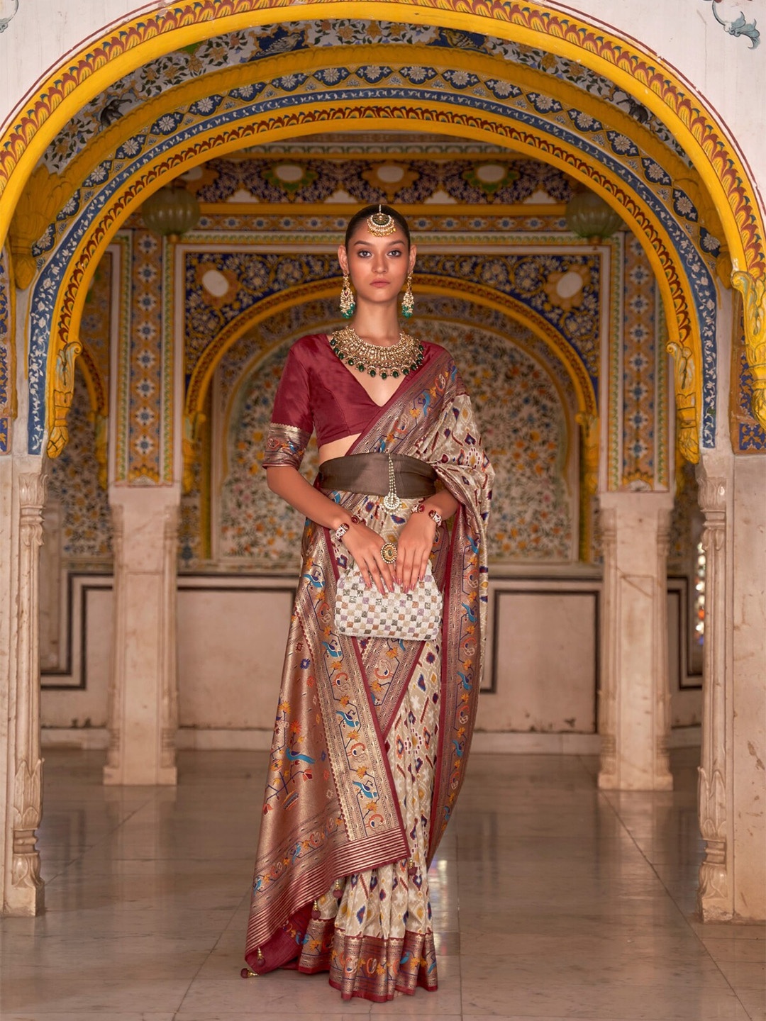 

Mitera Woven Design Zari Patola Saree, Beige