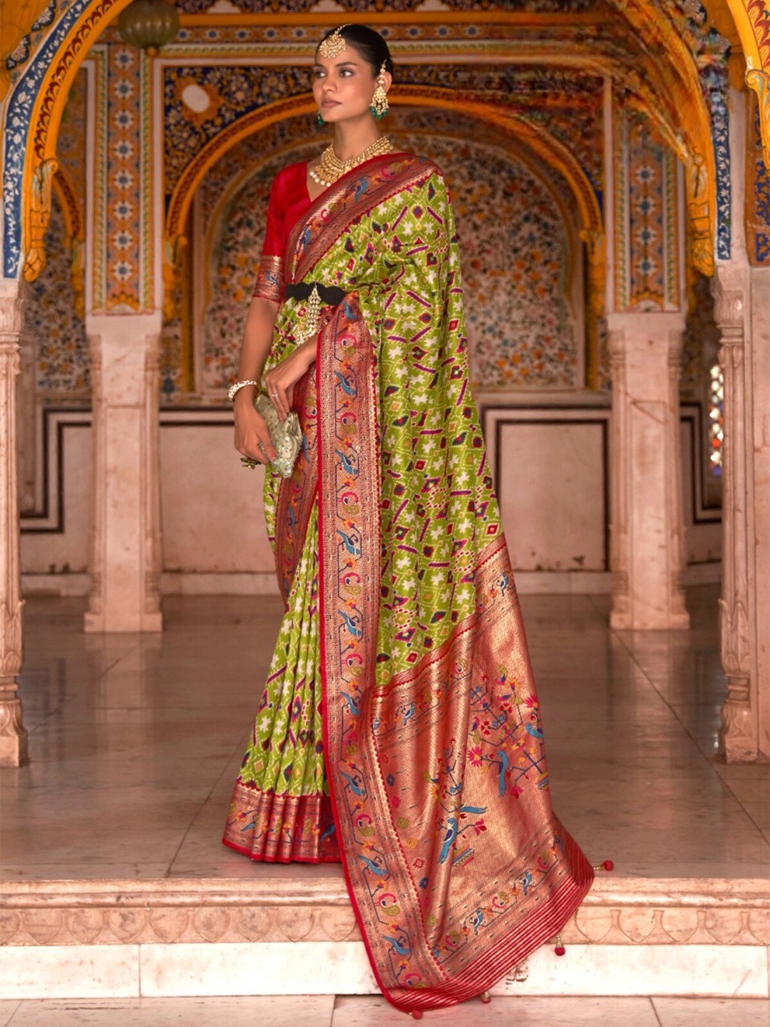 

Mitera Ethnic Motifs Zari Patola Saree, Green