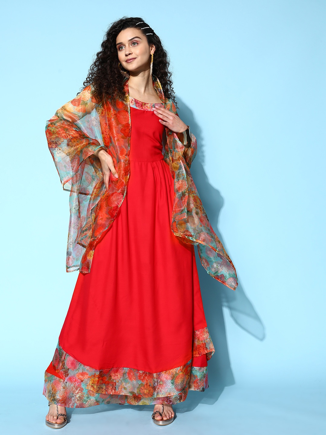 

InWeave Women Solid Organza Border Kurta with Palazzos & Dupatta, Red